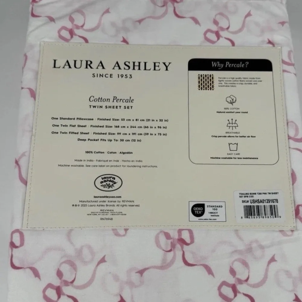 Laura Ashley ~ TWIN Pink Trailing Bows  100% Cotton Percale Breathable 3pc Set - Picture 6 of 6